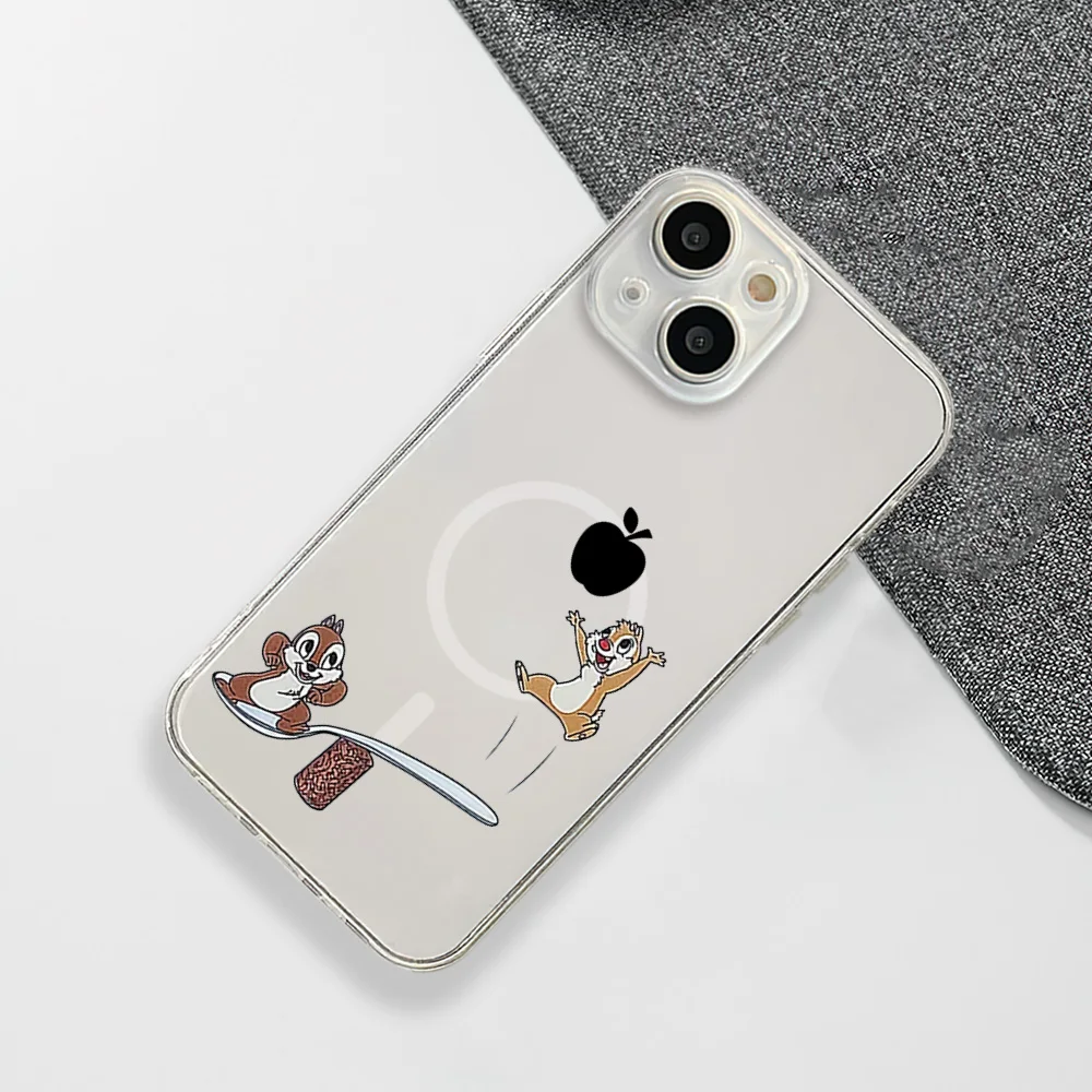 MINISO Cute Naughty Chip 'n' Dale Phone Case For IPhone 15 14 13 12 11 Transparent Magnetic Suction Cover