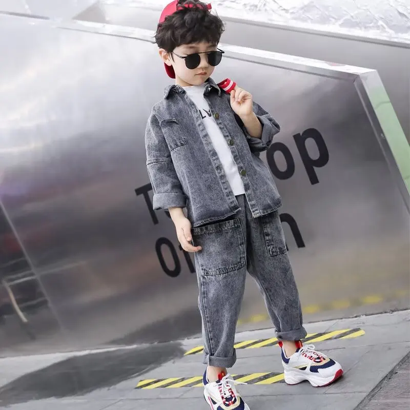 Autumn Spring Boy Sports Suit Boys Denim Jacket +pants 2 Pcs Set Kids jeans Suit for Children Full 2-12 Yrs