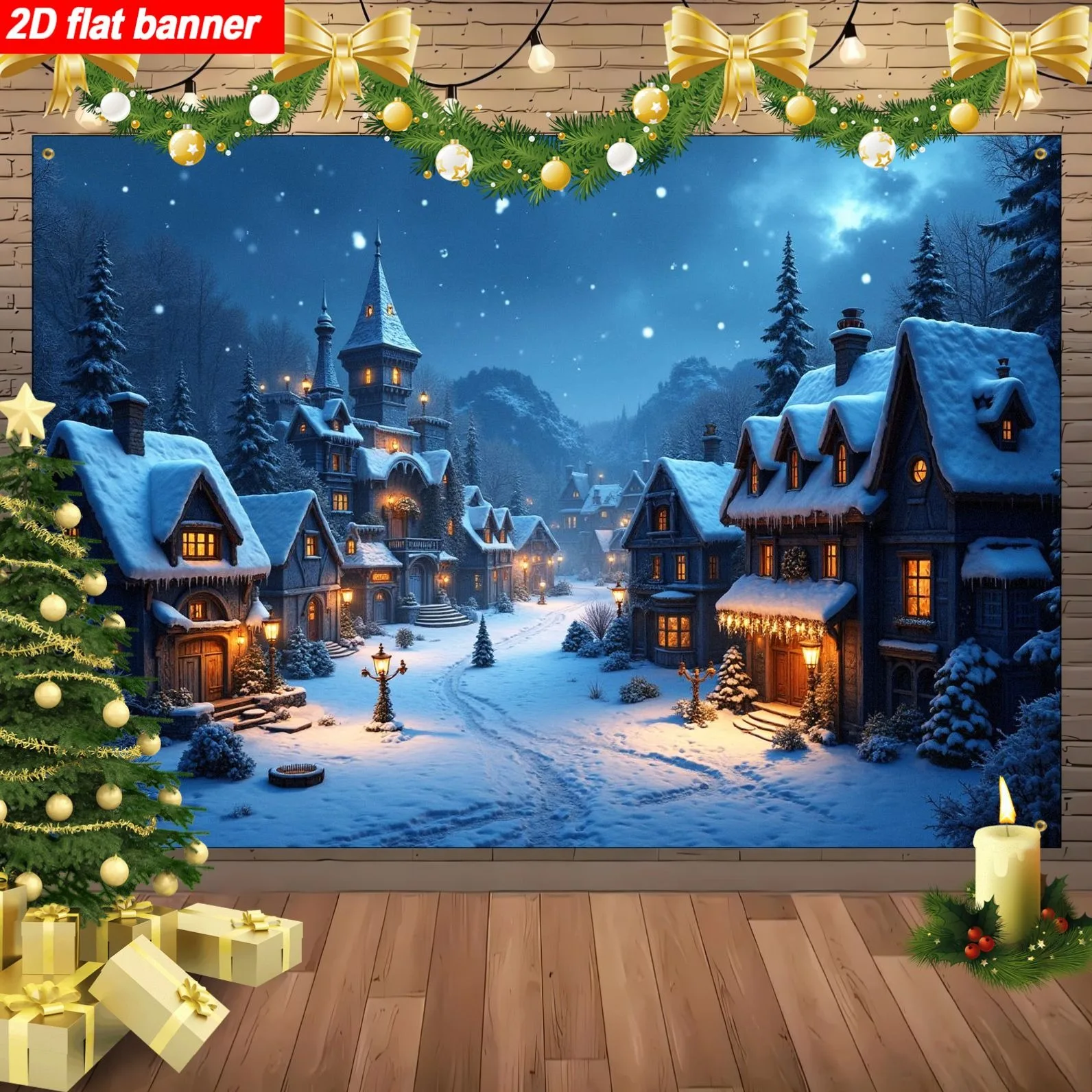 2D Flat, 2D Flat Winter Snow Village Tapestry - Enchanted Glowing Cottage & Twinkling Lights Christmas Night Scene, Self-Lit Sno