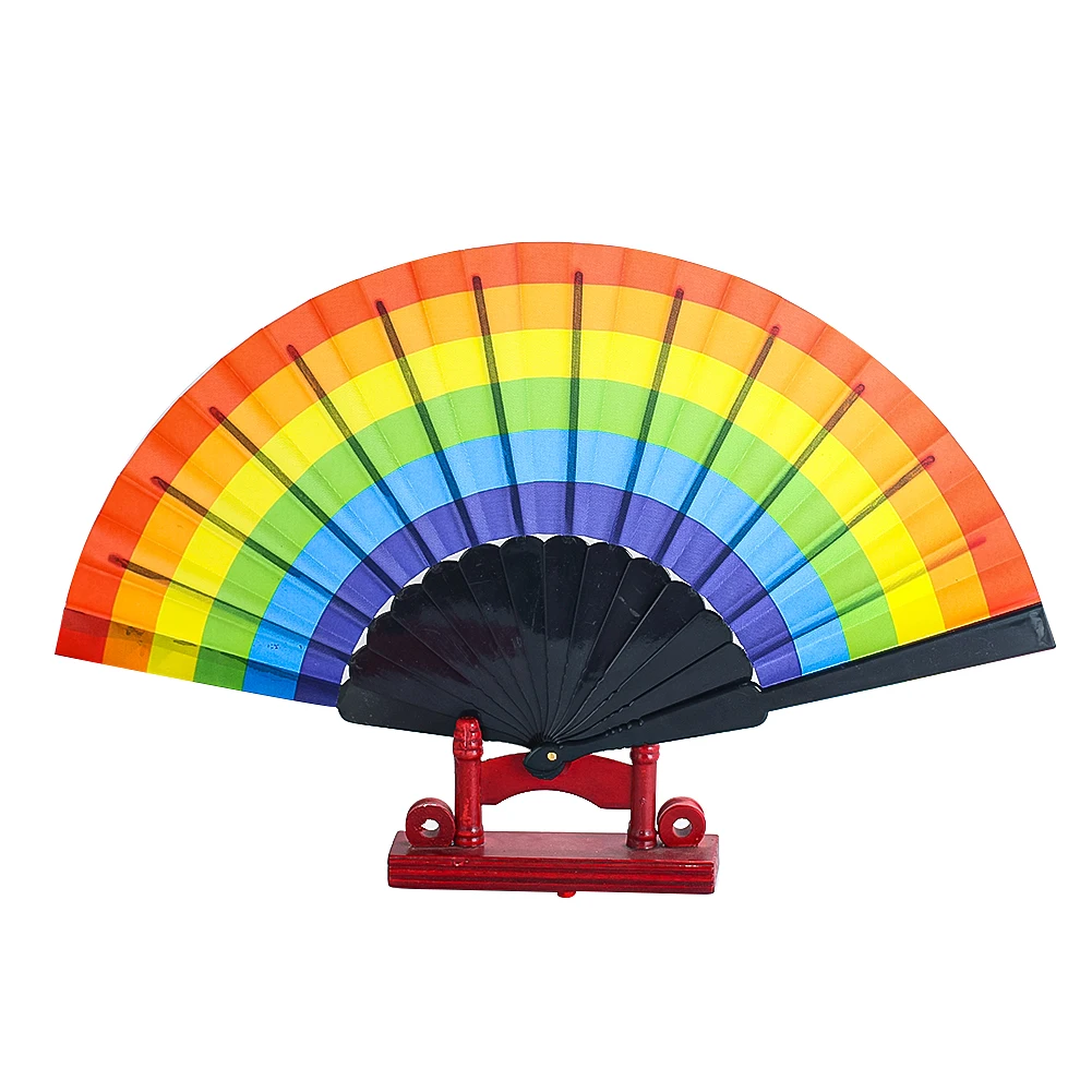 Rainbow Color Plastic Folding Hand Fan Fabric Foldable Fan for Party Stage Performance Photo Booth Decor Supplies