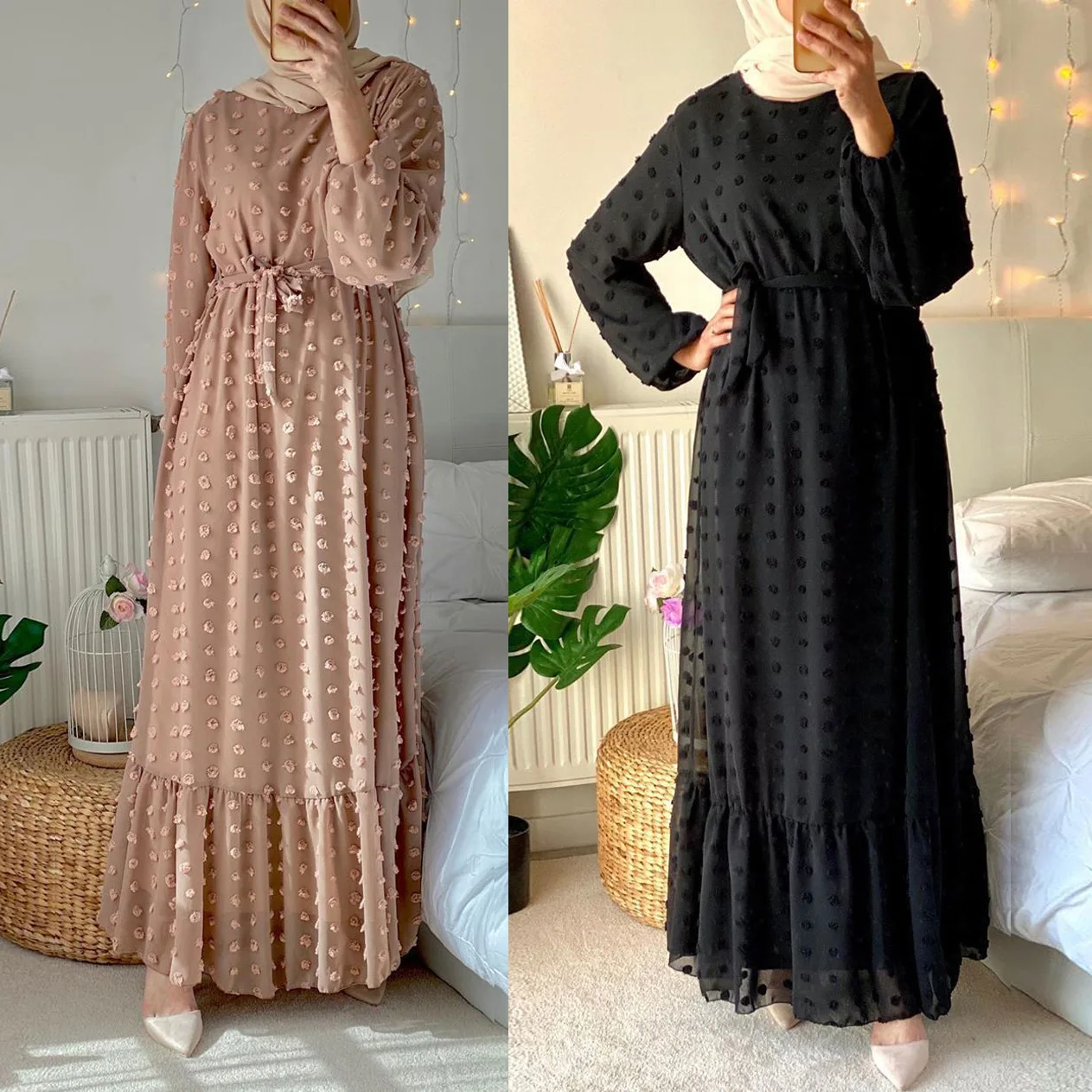 Three-dimensional Jacquard Muslim Abayas Fashion Women\'s Dress Fashion Middle Eastern Maxi Dress Solid Robe Caftan Muslim Dress