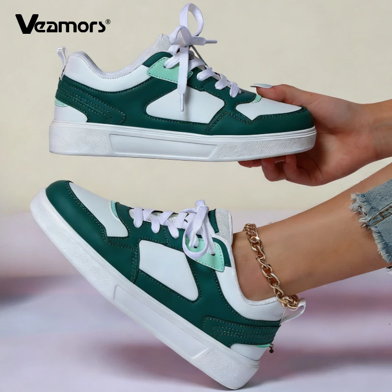 

Белые кроссовки VEAMORS из искусственной кожи, дышащие повседневные кеды для женщин и мужчин, модные кроссовки на шнуровке, нескользящие, водонепроницаемые