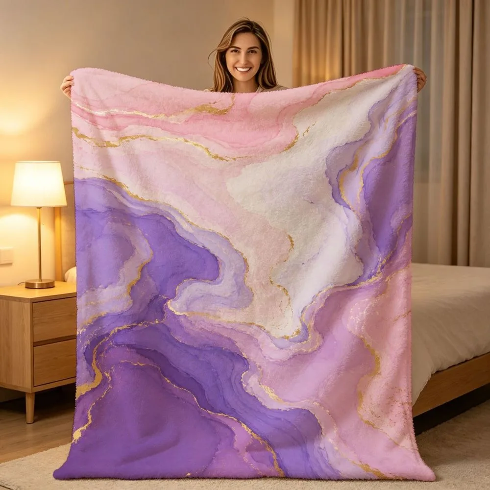 Luxury Fluid Marble Throw Blanket Pink Purple Gold Vein Abstract Print Soft Warm Blanket for Indoor Leisure Resting Home Decor