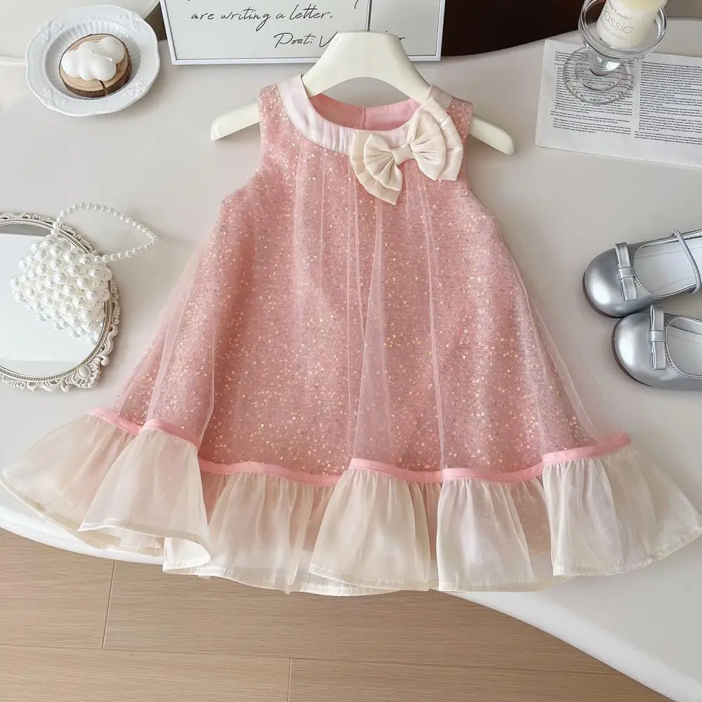 Summer New Sweet Children Girls Dress Sleeveless Bow Kids Dresses Girl Cute Tulle Sequin Princess Toddler Clothing for Ball ﻿