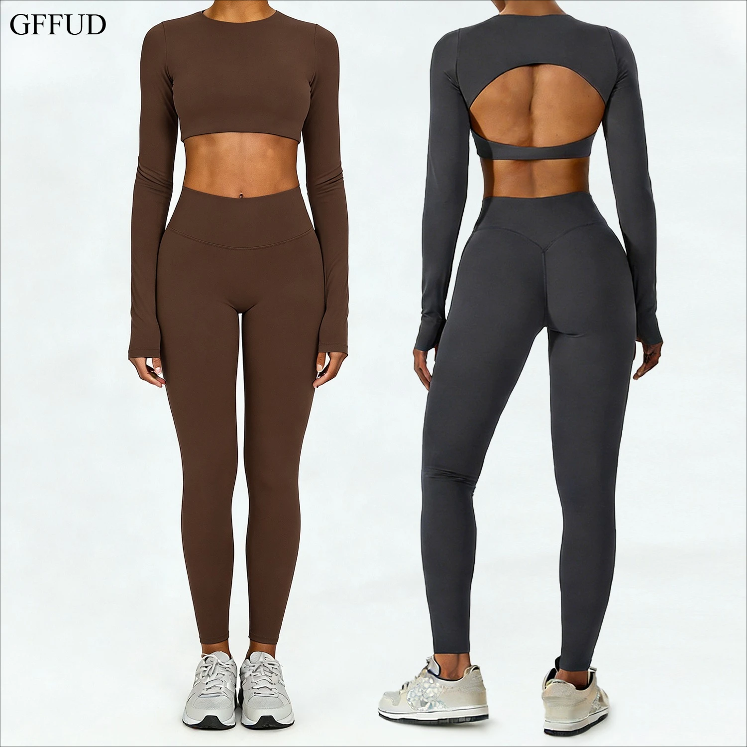 

Women Yoga Set 2 Piece Long Sleeve Crop Top Naked Feeling Backless Tight Shirt High Waist Leggings Gym Activewear Outfits