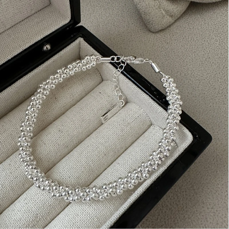 S925 pure silver Korean version basic three strand round bead winding bracelet Korean version simple commuting accessory
