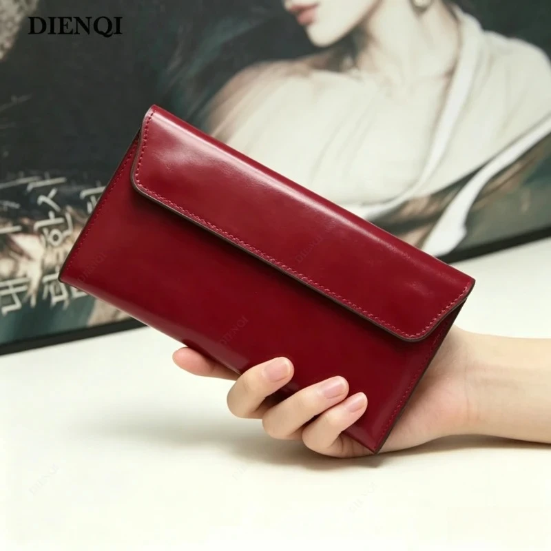 

Vintage Style Envelope Long Wallet Genuine Leather Slim Clutch Purse with Multi-Card Compartments Minimalist Organizer for Women