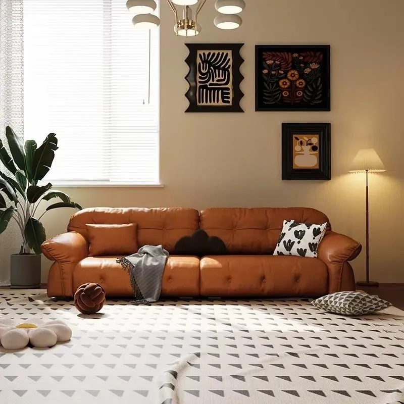 Modern First Layer Cowhide Reclining Square Three Seat Sofa Set for Small Space Living Room