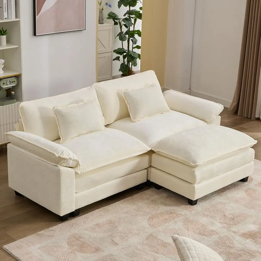 

Sectional Chenille Sofa Cloud Couch, 2-Seat with Ottoman, Lumbar Pillows, Deep Seating for Living Spaces, Beige White