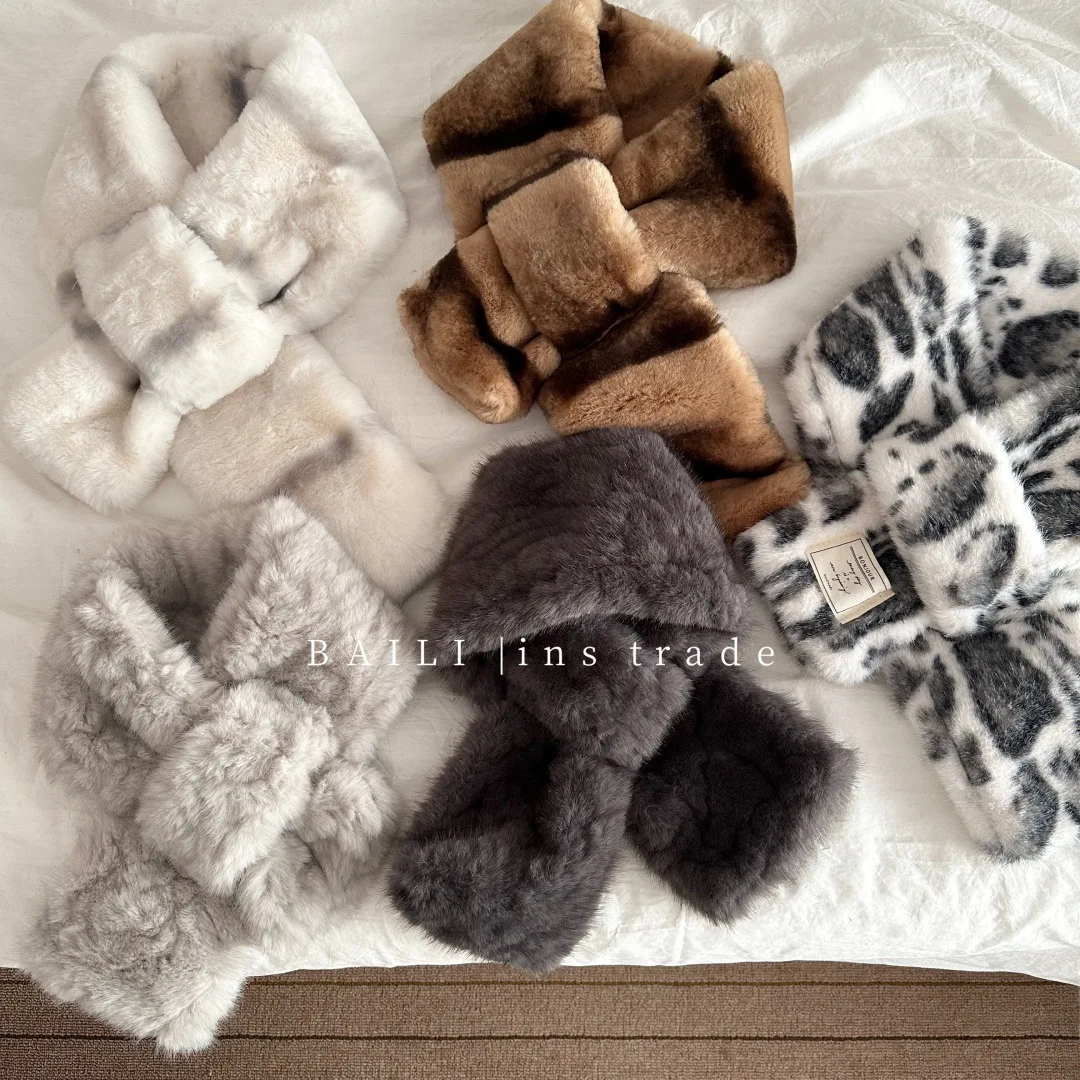 

Женский зимний утолщенный плюшевый шарф из искусственного меха, мягкая текстура кроличьего волоса, однотонный теплый галстук с запахом