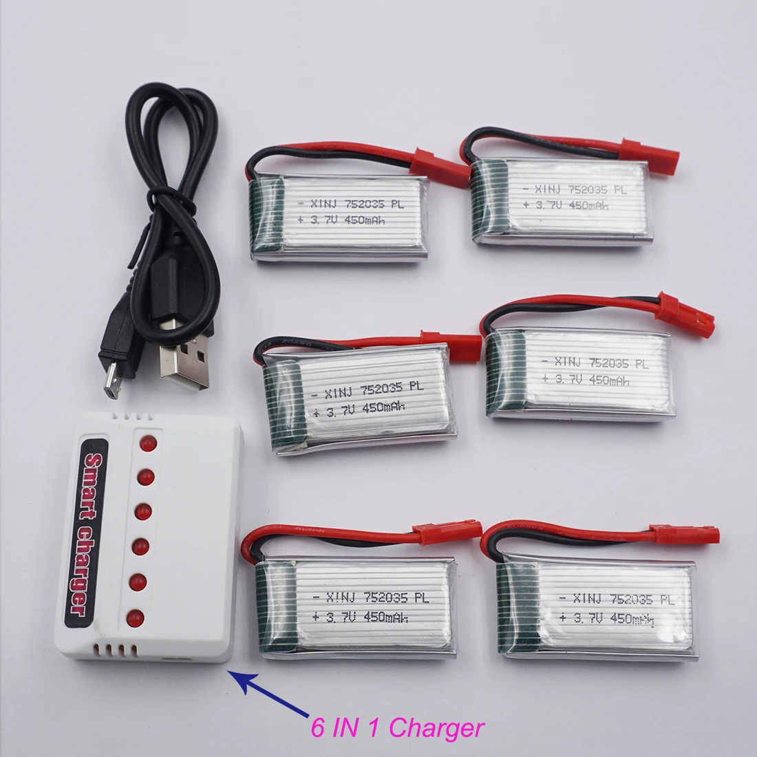 6pcs 3.7V 450 mAh 25CPolymer Li Lipo Battery 752035 JST Connector  For Syma X5c Cheerson CX-30W RC Quadcopter Drone