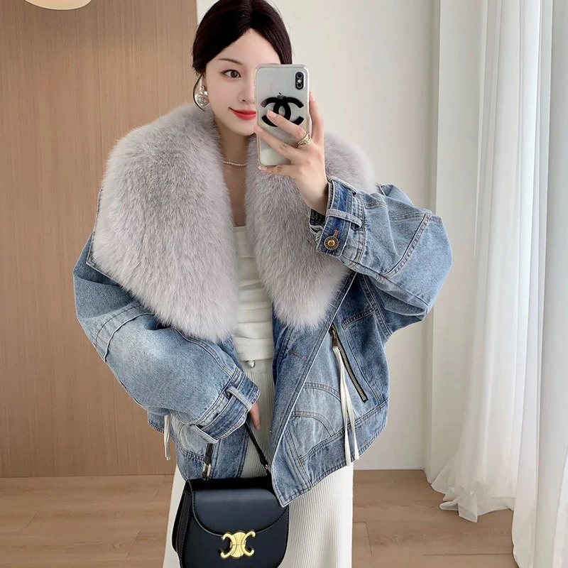 Winter Fur Coat Removable Fur Collar Cotton Jacket New Thickened Short Denim Jacket Fashion Harajuku Parkas Jeans Jacket