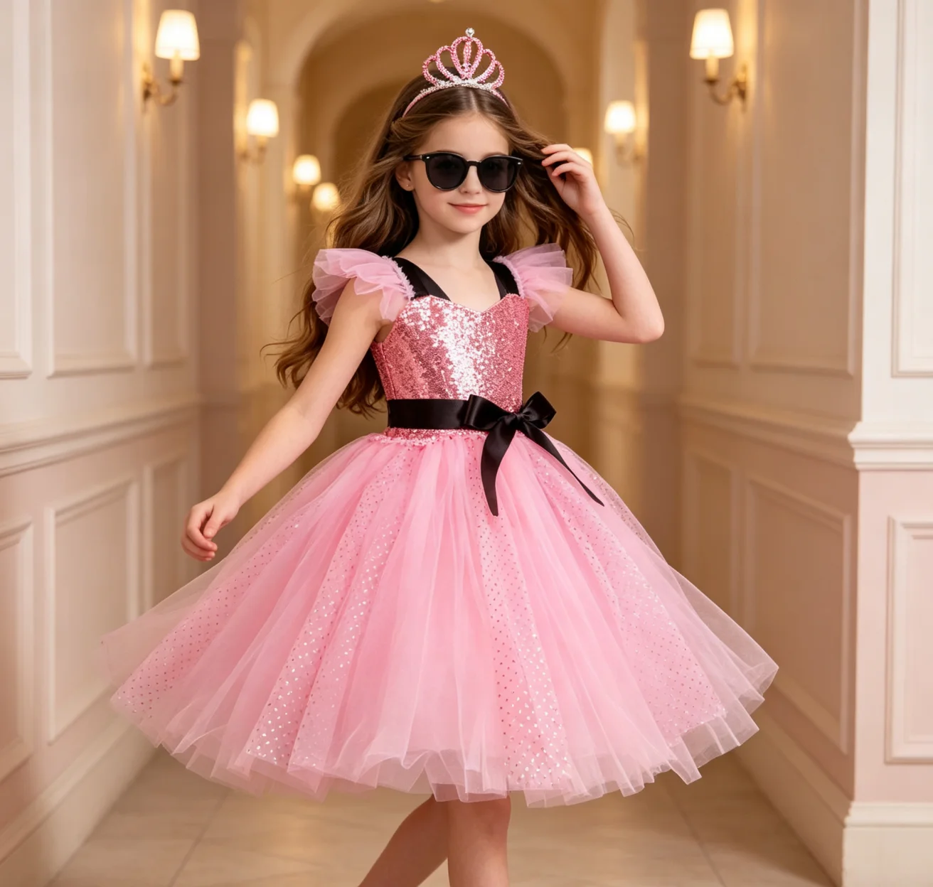 Girl Pink Sequin Fashion Princess Puff Dress With Bow Decoration For Holiday Birthday Carnival Party Role Play Stage Performance
