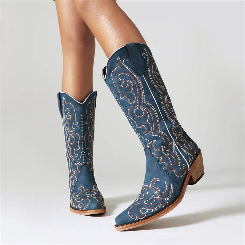 

IPPEUM Denim Boots Women 2023 Blue Mid Calf Chunky Heel Embroider Cowgirl Cowboy Boots For Women Western Shoes Free Shipping