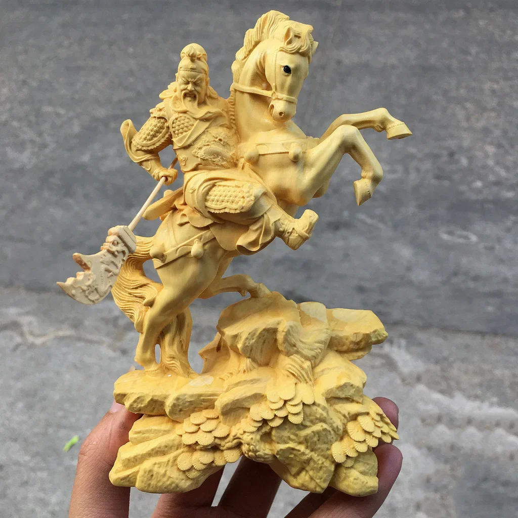 14CM Feng Shui Boxwood Guanyu Sculpture The Three Kingdoms Figure Riding Horse Guan Gong Home Decor