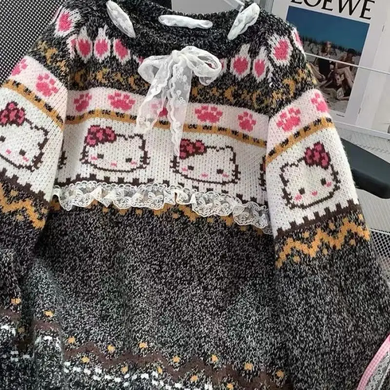 Sanrio HelloKitty Ragazza cotone Kawaii Anime Studente di moda Casual Maglione a maniche lunghe primaverile e autunnale Girocollo Nuovo top caldo