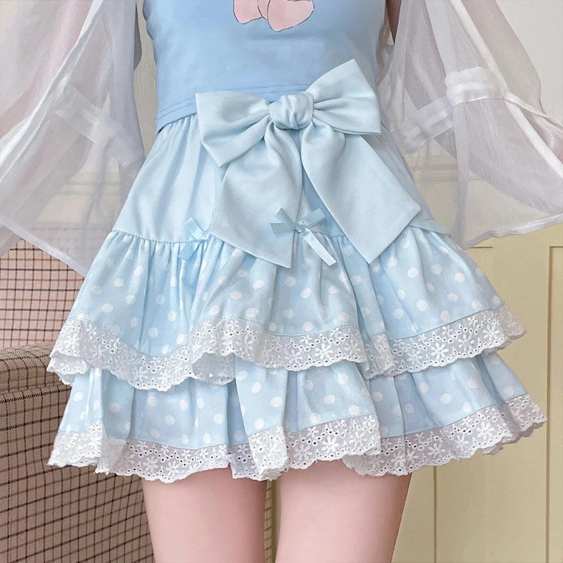 Minigonna con fiocco Kawaii donna dolce vita alta punto carino dolce \ gonne moda casual Giappone Lolita una linea gonna streetwear nuovo Y2k