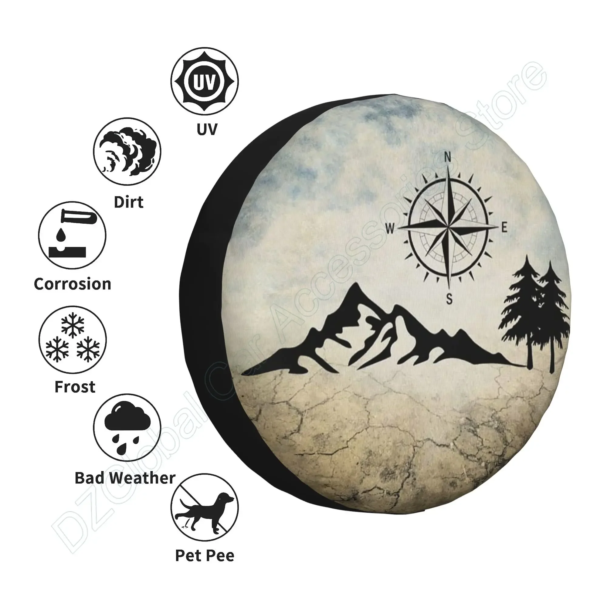 Nature Mountain Compass Spare Tire Cover Wheel Protectors for Trailer Rv SUV Truck Camper Travel Trailer 14 15 16 17 Inch