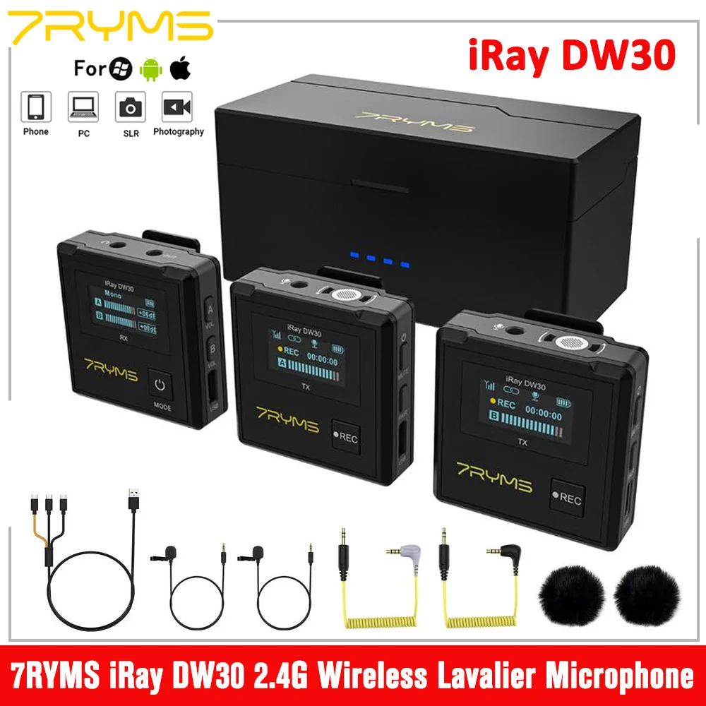 

7RYMS iRay DW30 2.4G Wireless Lavalier Microphone Dual-channel Lapel Mic with Charging Box for Dslr Camera, Smartphone,Recording