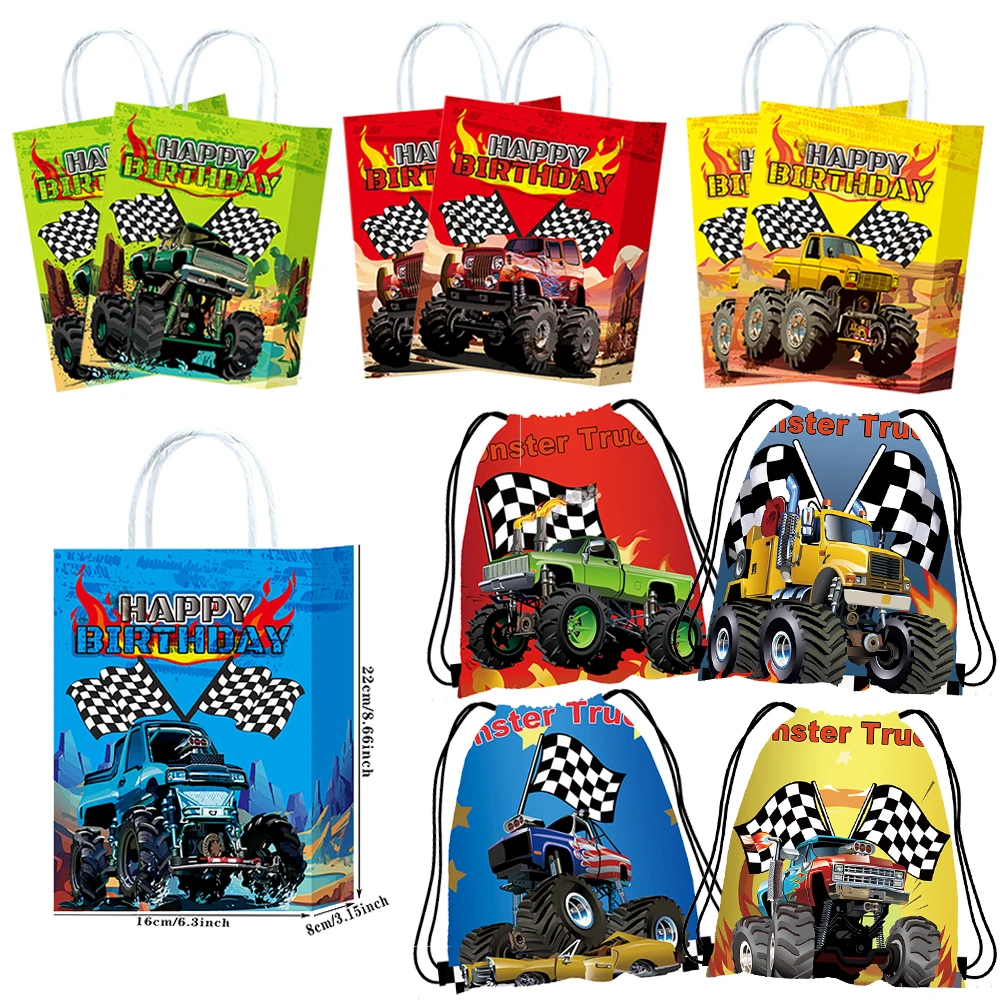 10/30Pcs Racing Truck Party Favors Paper Gift Bags Monster Truck Drawstring Backpack for Kids Boys Truck Birthday Party Supplies