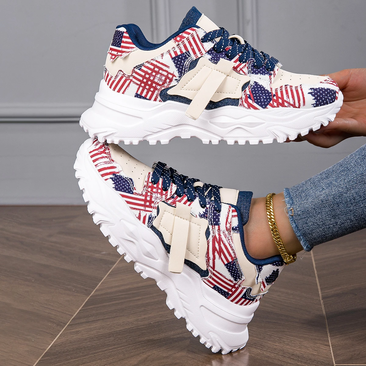 Women's Round-Toe Fashionable Lace-Up Solid Color Women Bohemian wind Casual Comfortable Thick-Soled Sneakers tenis feminino