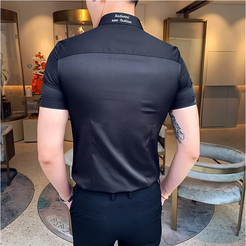 Neckline Embroidery Shirts Men Summer Short Sleeve Slim Fit Casual Shirt Men Solid Color Business Party Dress Shirt Streetwear