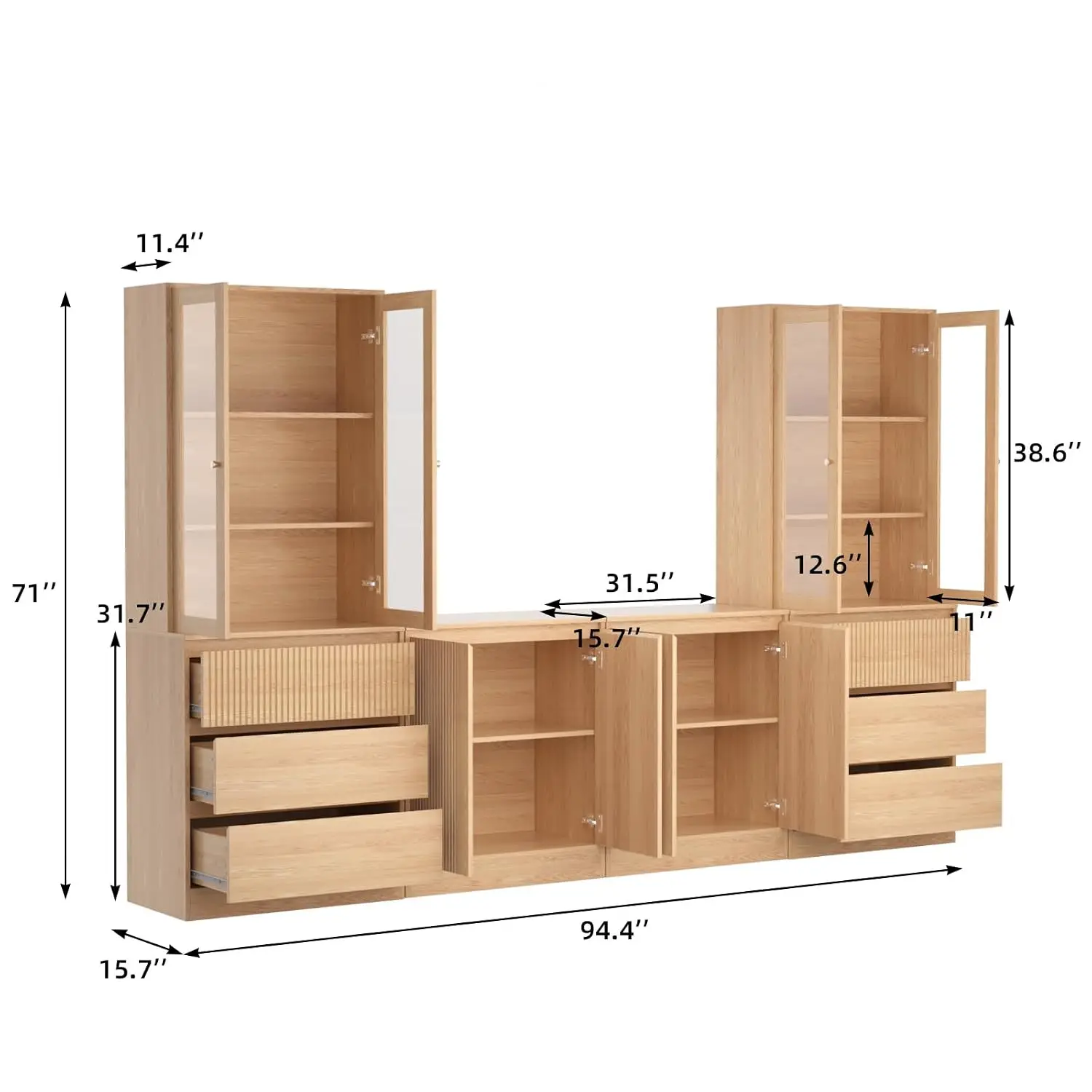 Large TV Stand Bookshelves 75" TV, Glass Doors Shelves Entertainment Center 2 Cabinets Living Room, Customized