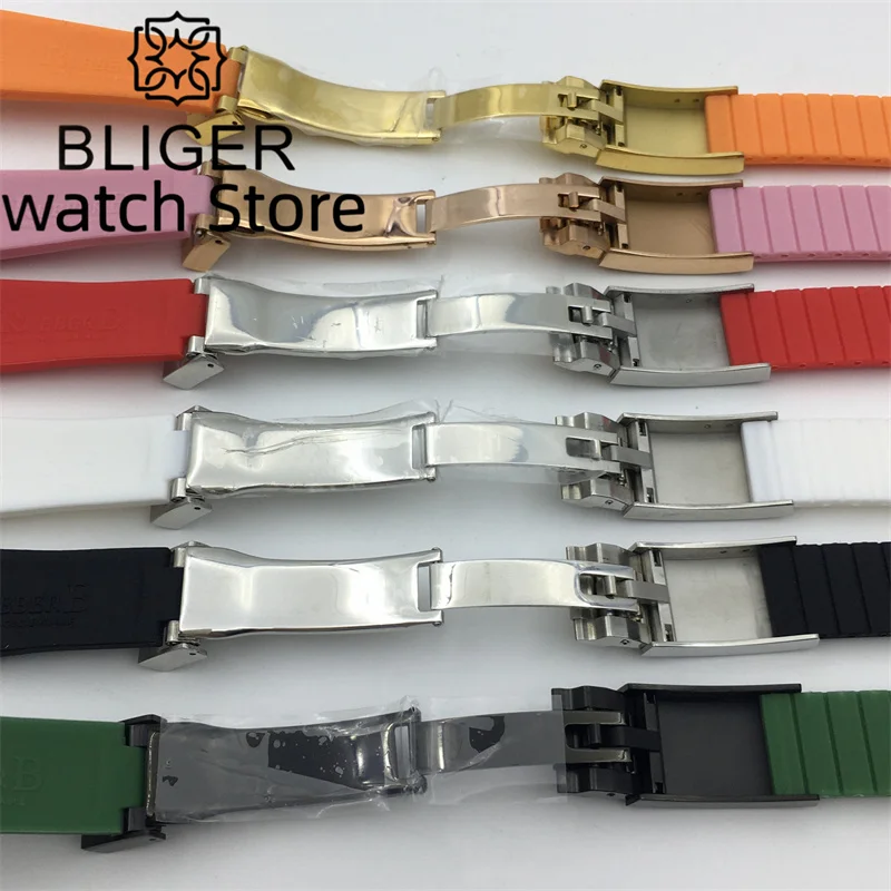 BLIGER 20mmBlack Blue Green White Red Pink Orange  rubber strap with rose gold black silver gold stainless steel folding buckle