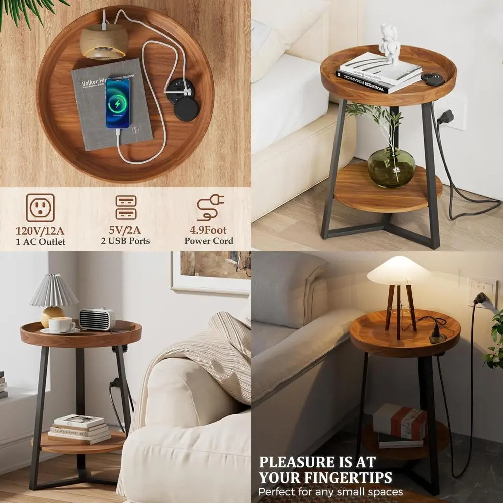 

Charging Station End Table, USB Ports, Wooden Top & Black Metal, 2-Tier for Living/Bedroom, Brown, 15.7x15.7x23in