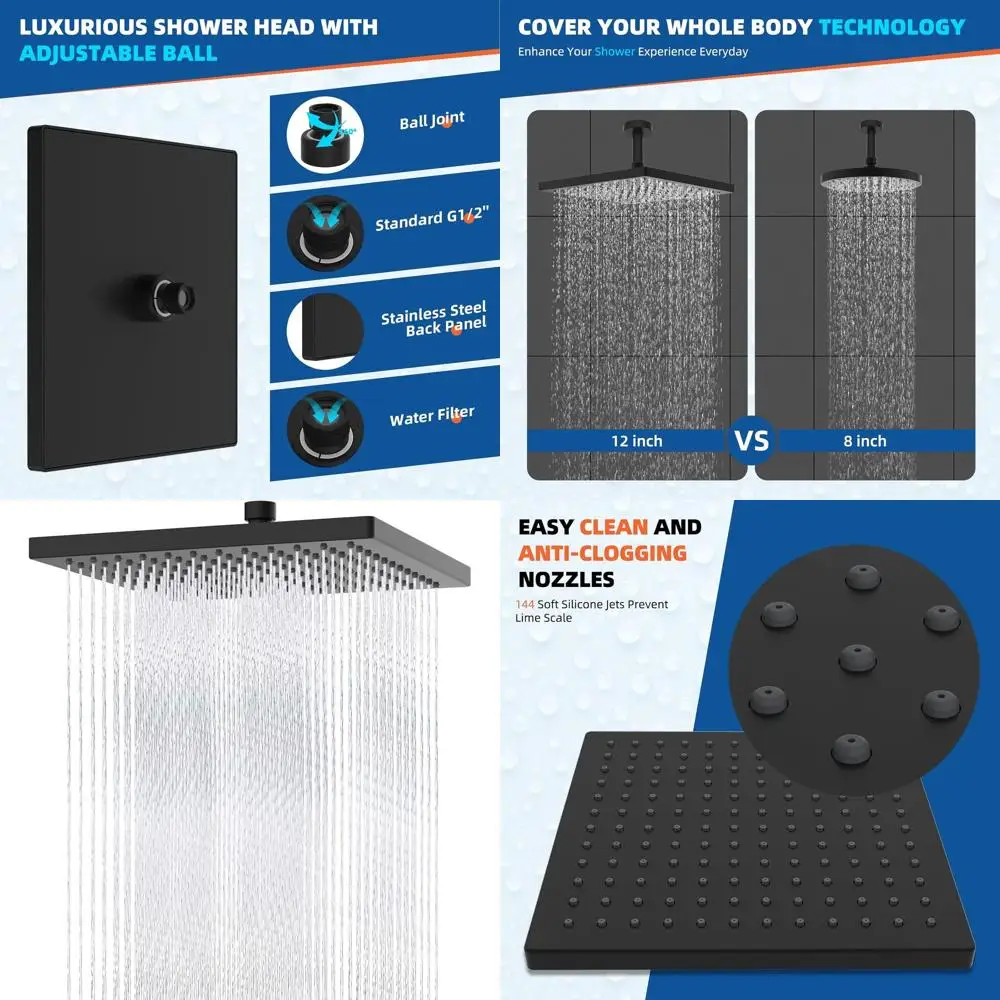 

12 Matte Black Square Showerhead with Adjustable Brass Joint for Full Body Coverage