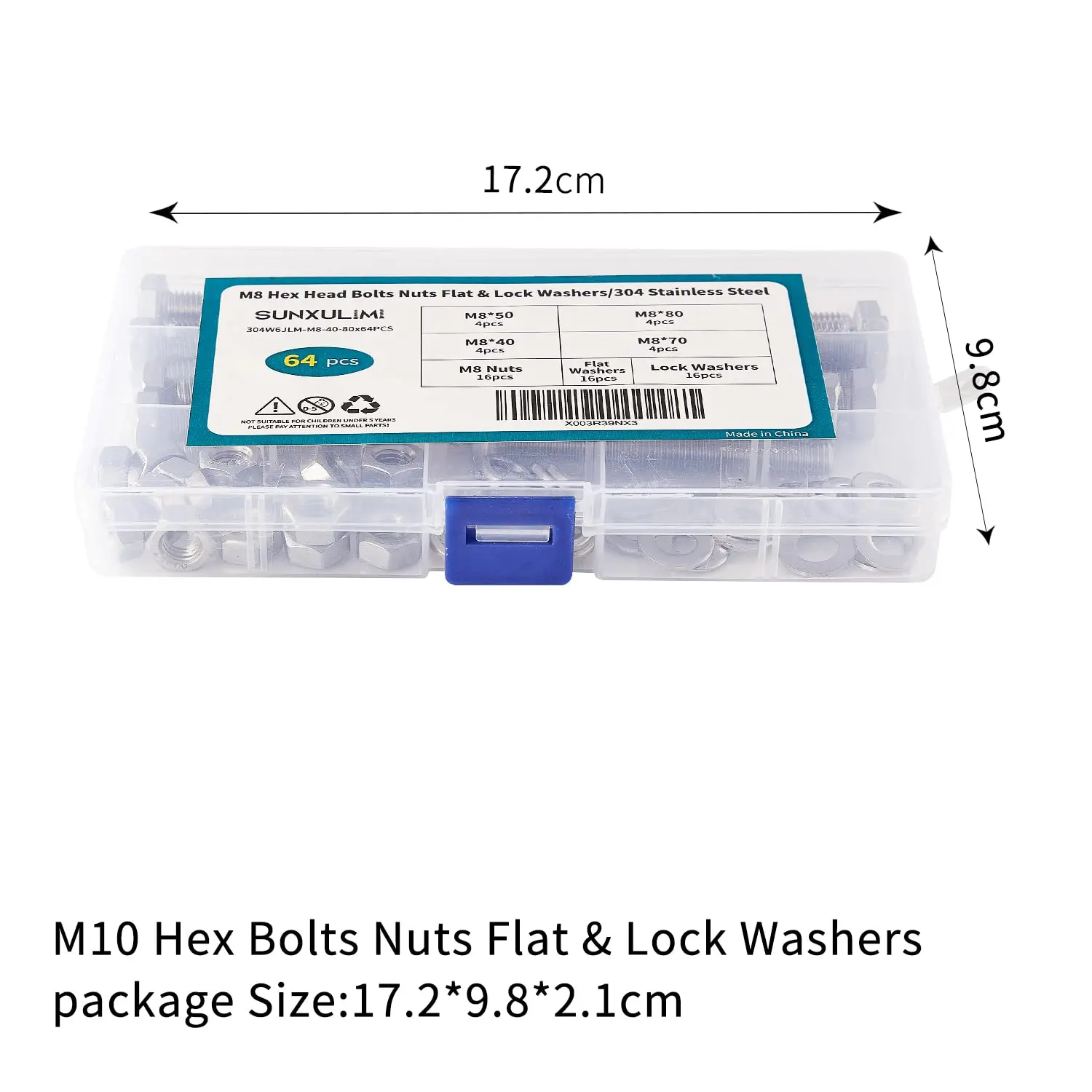 64 pieces of M8 x 40-80 mm hex head bolts, screws, nuts, flat lock washers, stainless steel, fully threaded, bright finish