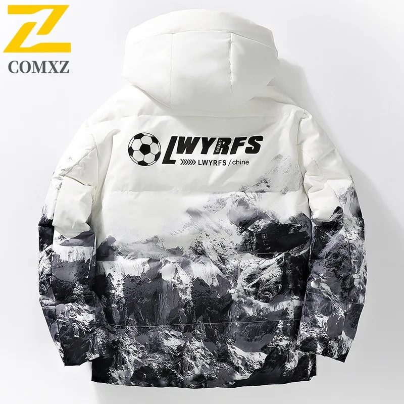 COMXZ Luxury Mens Down Jacket Print Design Hooded Outdoor Riding Lightweight Parka Fashion Camping Warm Windproof Winter Coat
