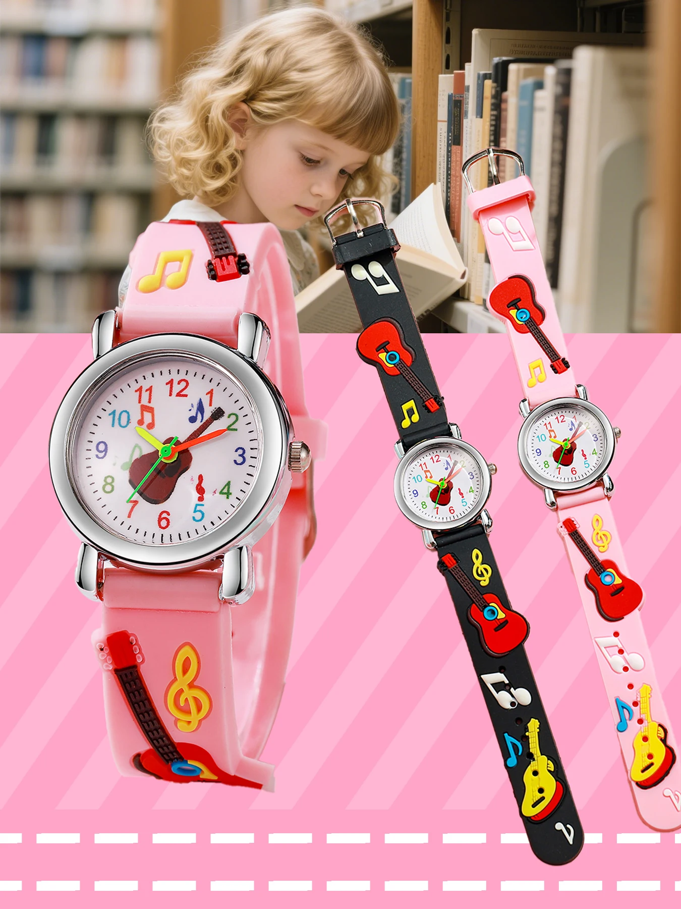 

Милые детские часы с музыкальной тематикой в виде гитары, 3D-мультяшный силиконовый ремешок, водонепроницаемые часы для девочек, идеальный подарок для школы
