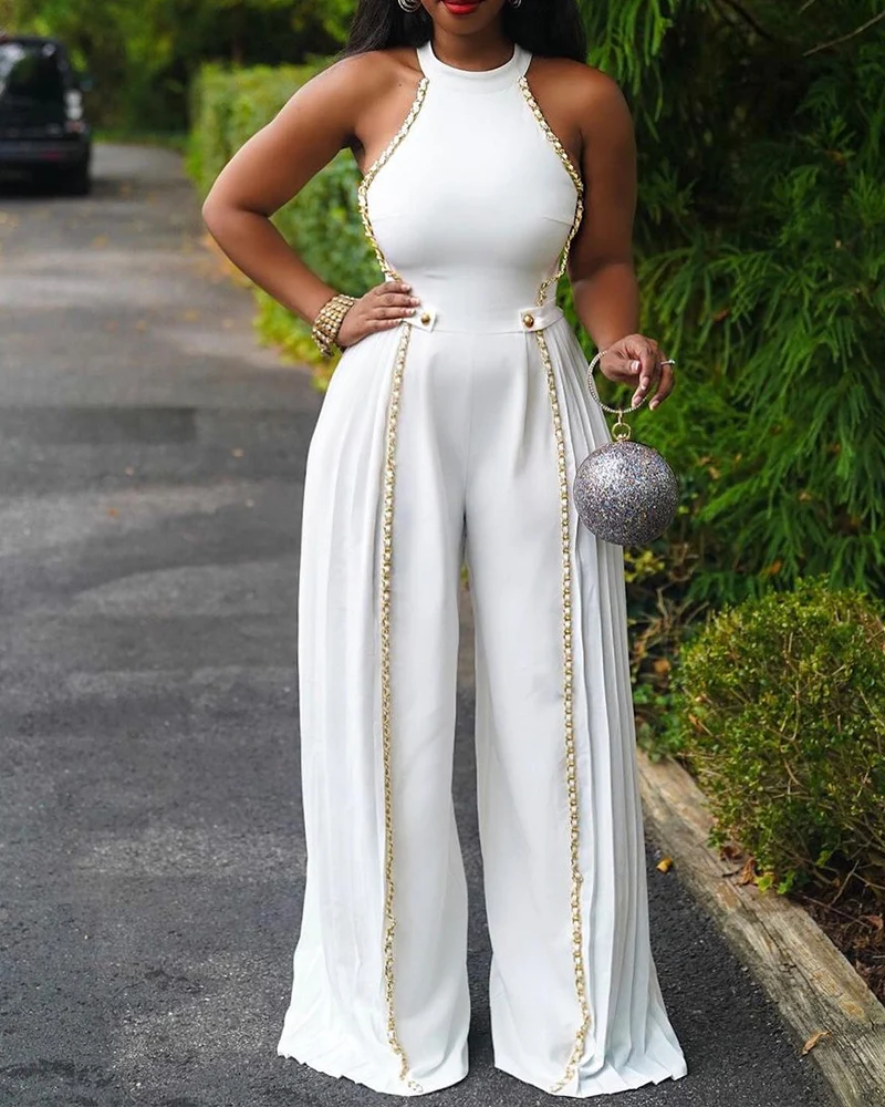 

Women Jumpsuit Elegant Commuting Solid Color Halter Sleeveless Chain Decoration Buckle High Waist Wide Leg Pleated Jumpsuit