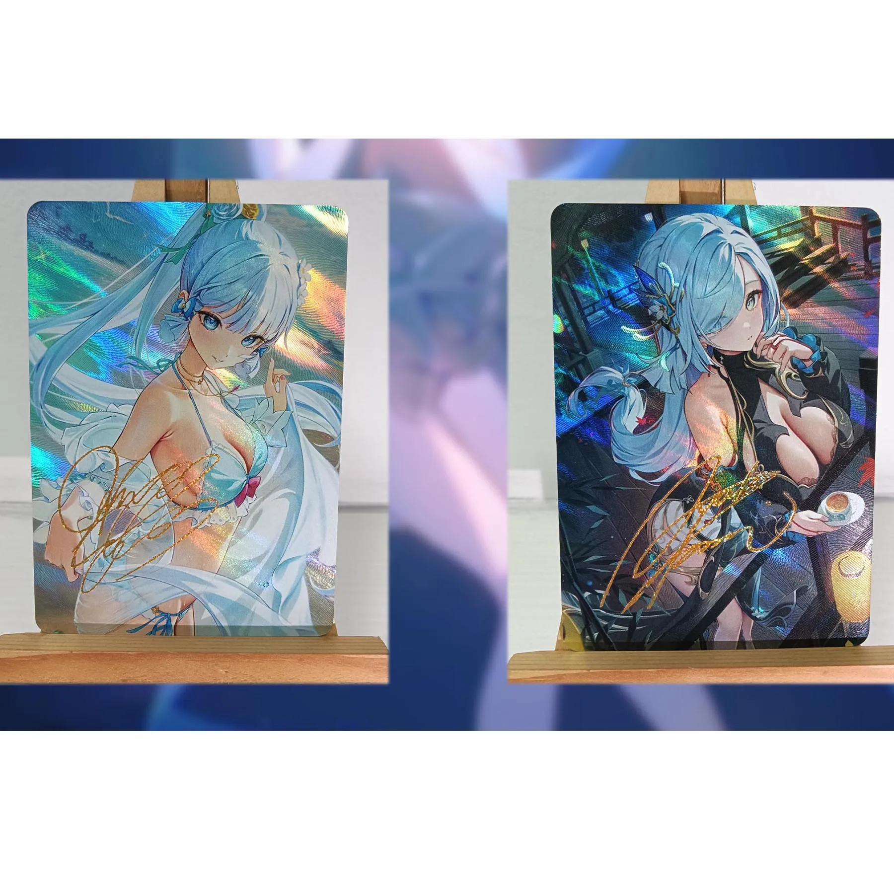 2 buah/set Diy buatan sendiri Genshin Impact Shenhe Kamisato Ayaka koleksi kartu refraksi warna Flash kartu tanda tangan kartu Anime