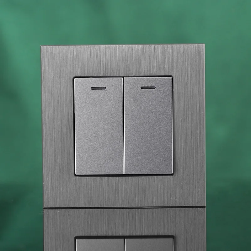 5pcs Home Appliance EU Standard Aluminum Panel Bedside Pass Through 2 Gang 1 Way 2 Way Wall Light Switch with LED Indicator