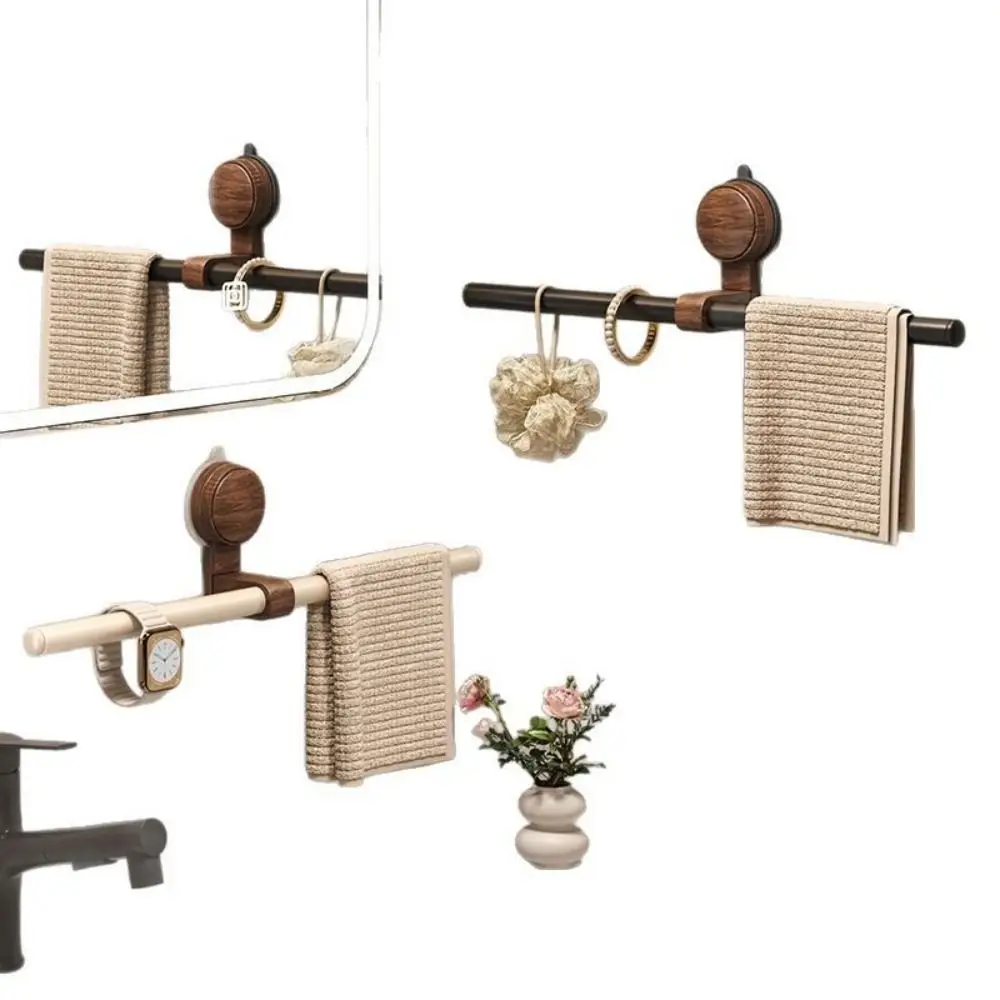 Vintage Walnut Wood Towel Rack with Suction Cups - No Drilling Required for Bathroom or Shower