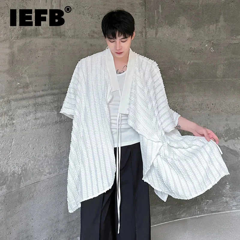 IEFB Pleated Men's Tops Lace Ribbon Silhouette Cloak Design Half Sleeve 2025 Spring Solid Color Male New Dark Style 9C5111