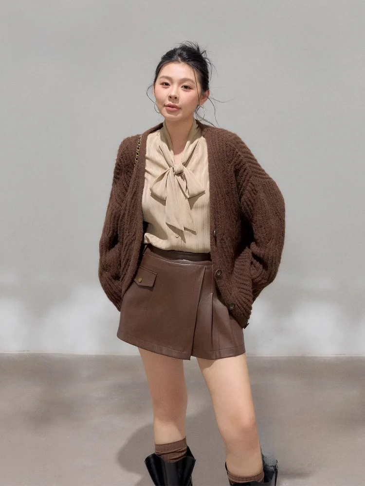

Женский модный свитер больших размеров, кардиган, комплект глубокого кофейного цвета, кожаная юбка с высокой талией, корейская осенне-зимняя одежда