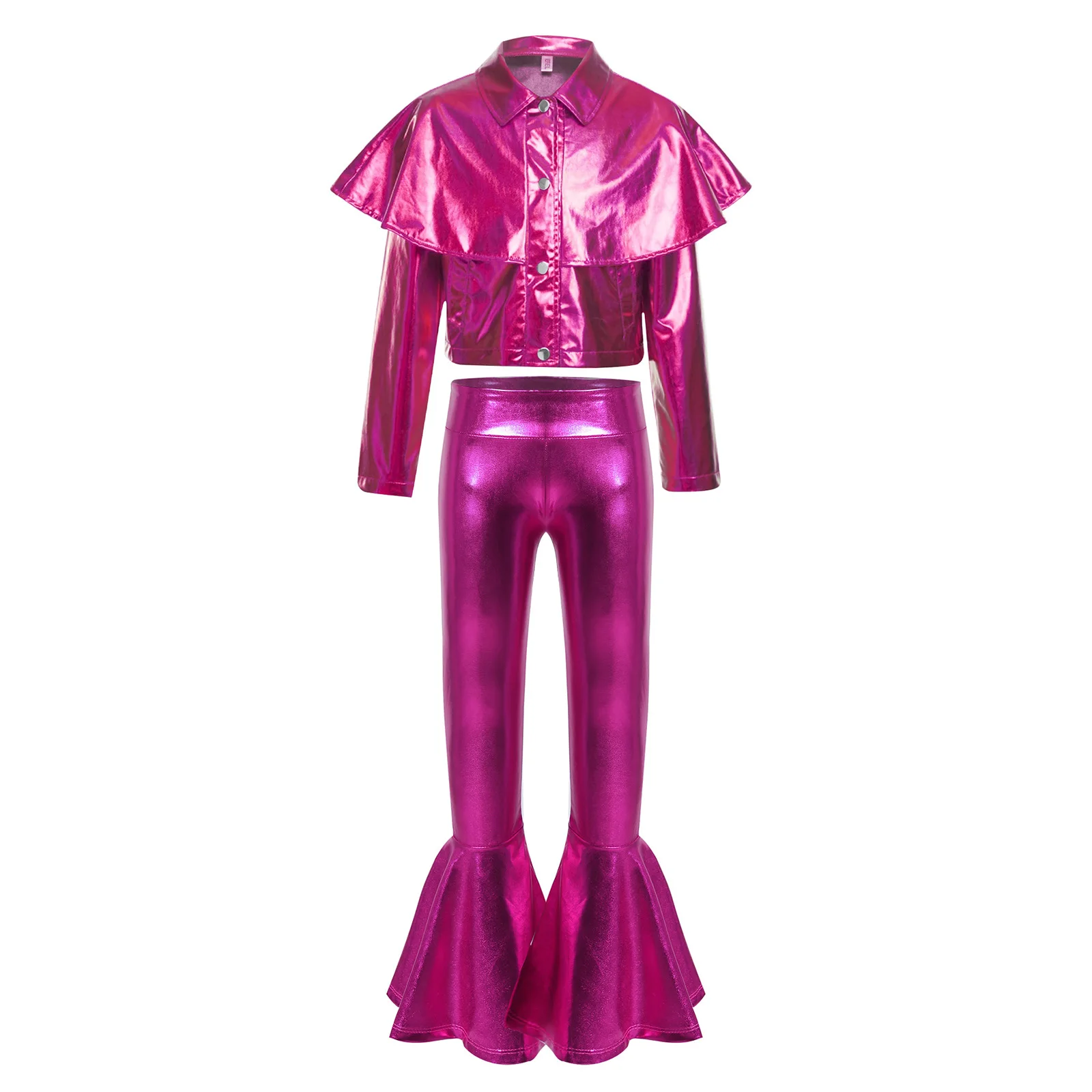 Girls Hip-hop Set Street Jazz Dance Outfit Long Sleeve Shiny Metallic Jacket with Bell-bottom Pants Trousers Performance Costume