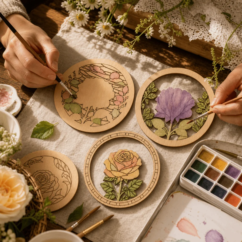 3 Layers Wooden Rose Painting Set 2D Flat Art Craft DIY Painting Coloring Flower Rose Art Set Wall Decoration