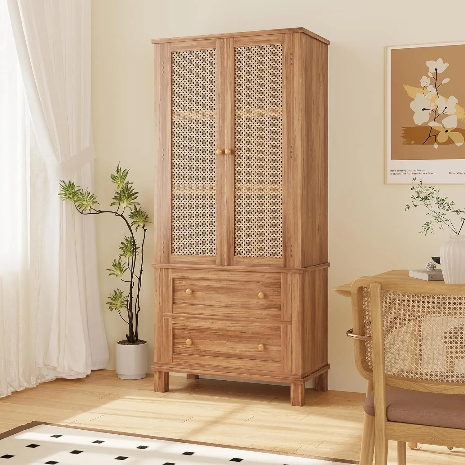 64'' Kitchen Pantry Storage Cabinet, Tall Wood Cupboard Storage Cabinet with Rattan Doors, 2 Drawers & Adjustable Shelves