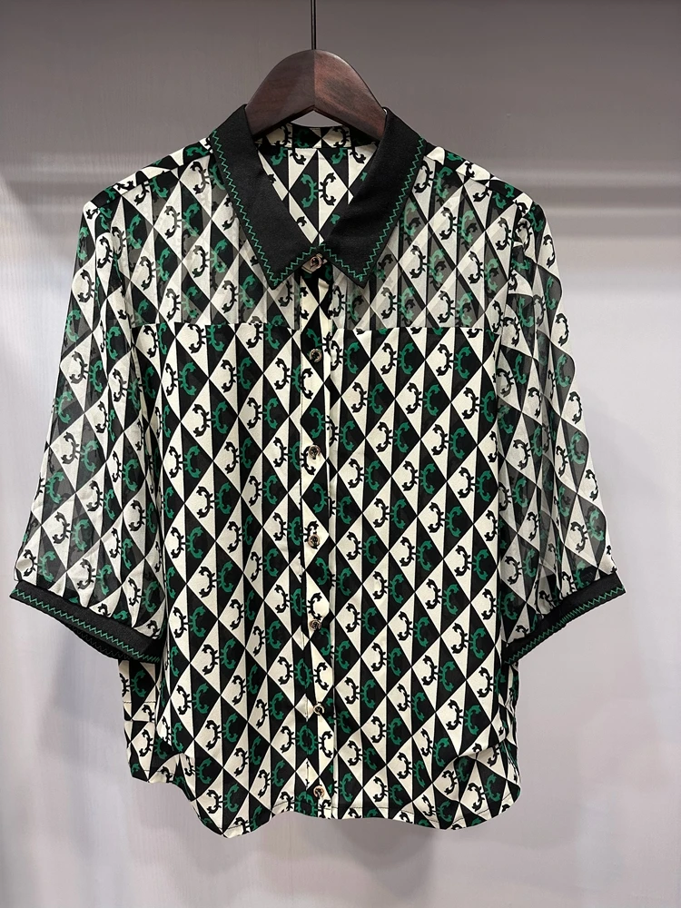 

Ele Thin ort Sve Collar irt for Middle-Aged Women Summer Faionable Geometric Pattern Loose Fit Top