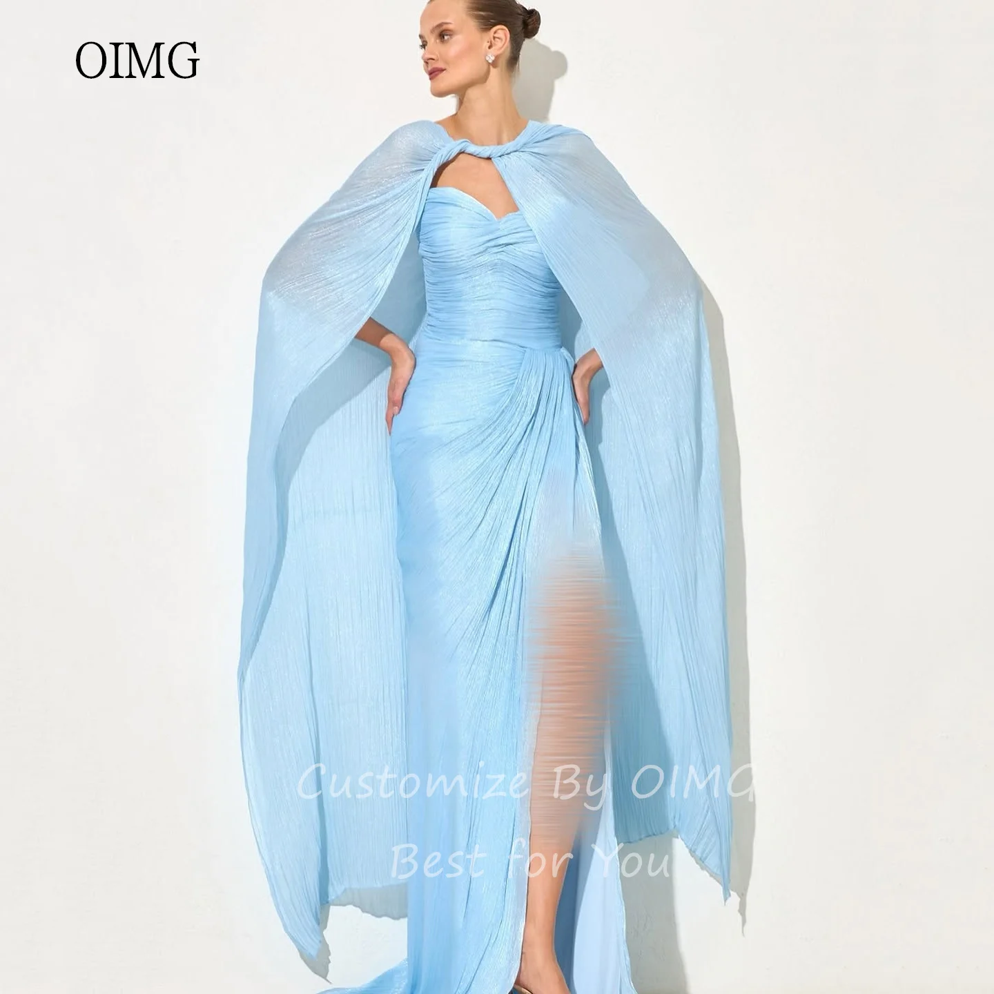 OIMG Flowy Pink/Sky Blue Mermaid Prom Gowns Cap Sleeves Party Gown Shimmery Side Slit Floor Length Evening Dress Customized image 6
