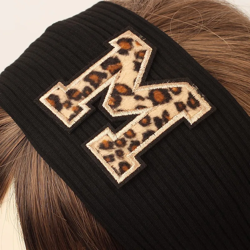 Women Spring Autumn Solid Color Soft Elasticity Headband Female Fashion Ribbing Headwear With Leopard Letters Hairband Turban