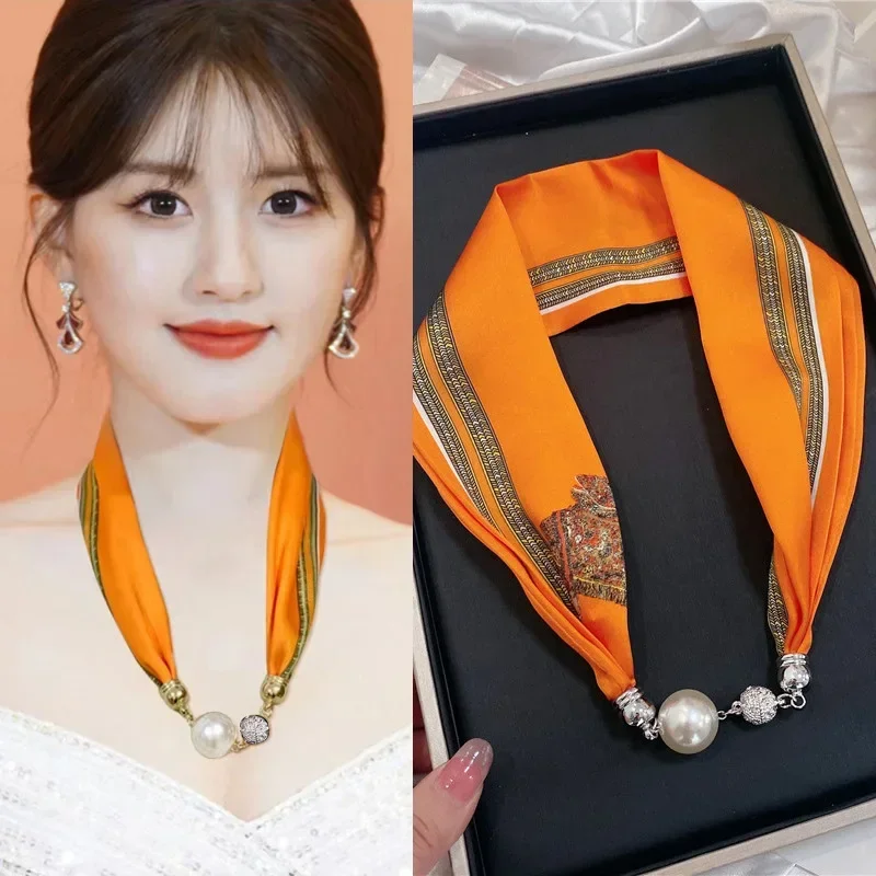 تصميم فاخر زر مغناطيسي الصيف وشاح حريري المرأة المغناطيسي اللؤلؤ قلادة الأوشحة الراقية مطابقة قميص وشاح سيدة