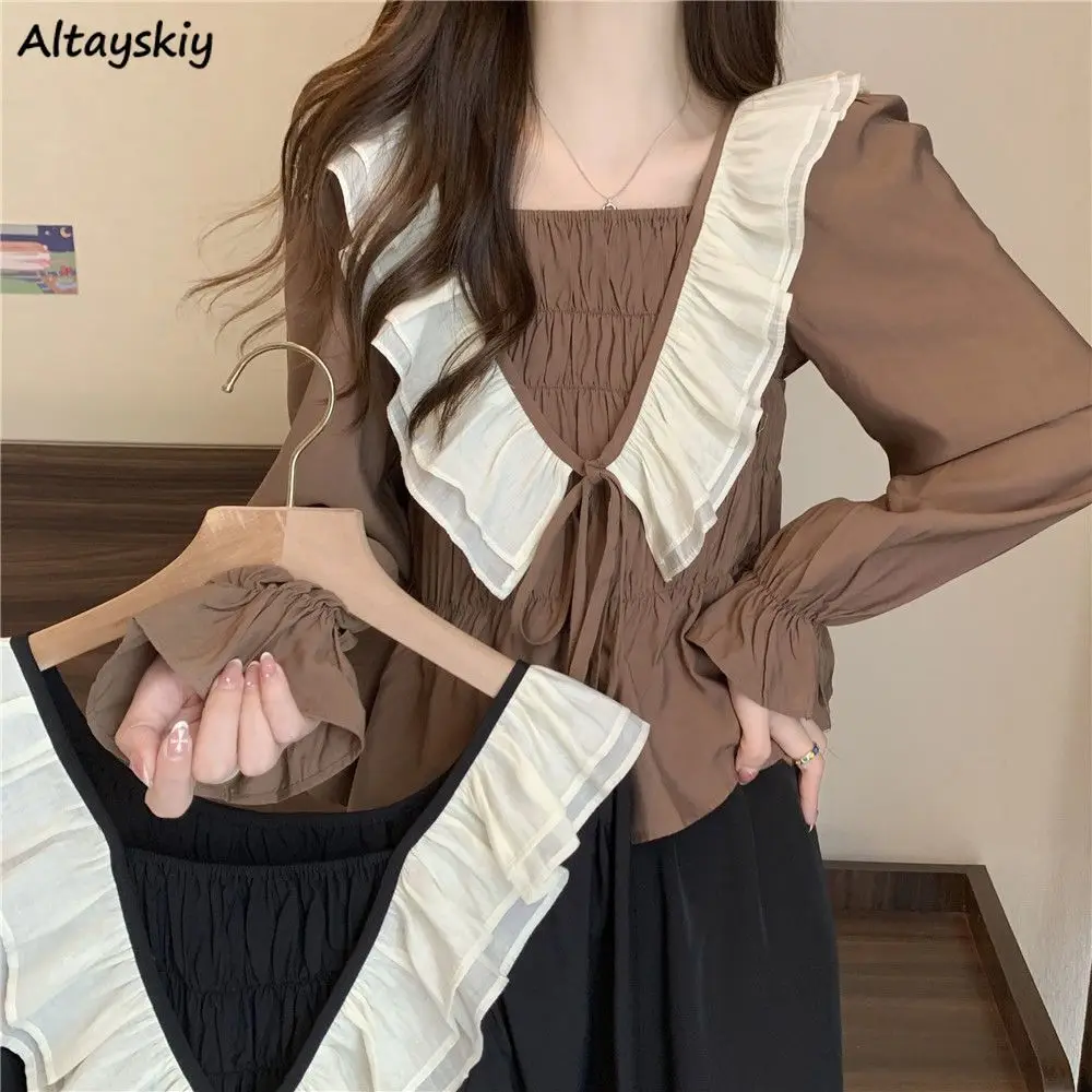 

Blouses for Women Ruffles Bandage Flared Sleeve Elegant Spring Autumn All-match Vintage Patchwork Korean Style Leisure Clothing