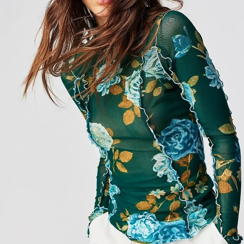 Printed Flower Slim T-shirt Women Chic Fungus Edge High Collar 2024 Spring Skinny T-shirts Female Long Sleeve Fashion Tops YDL18