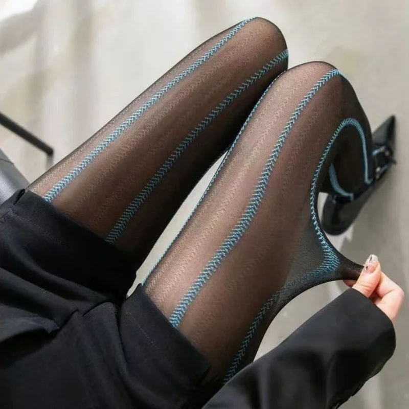 Women Ultra Thin Pantyhose Vertical Striped Gray Stockings Wheat Pattern Black Silk Sexy Blue Suspender Line Bottoming Tights