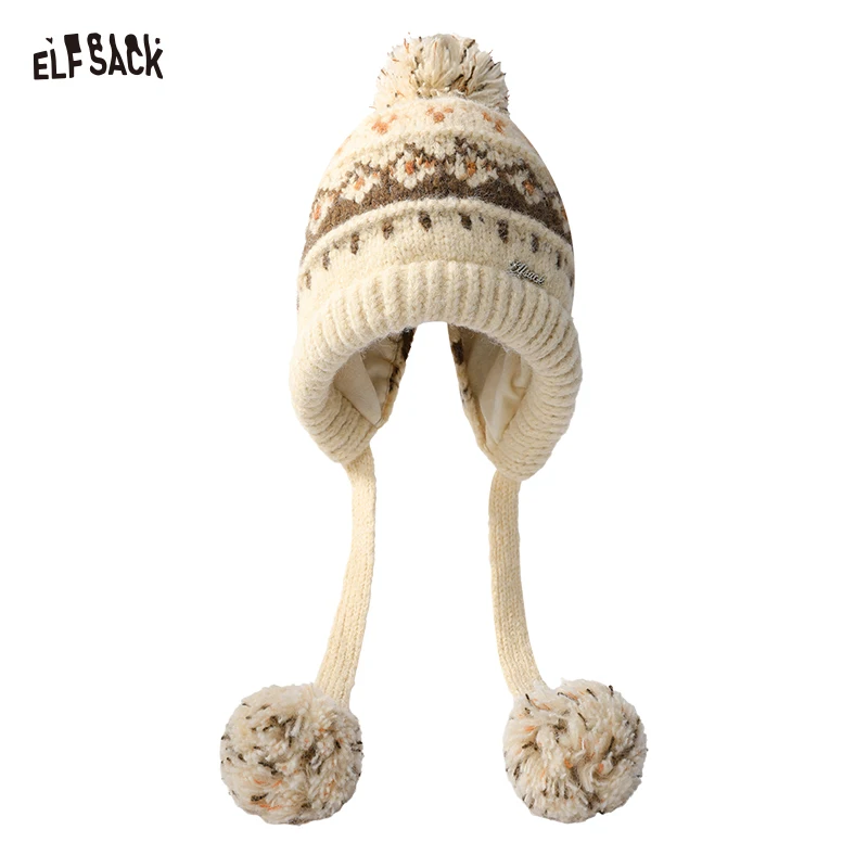 

ELFSACK 2025 Winter New Arrivals Cute Casual Stripe Diamond Plush Pom Pom Beanie For Women